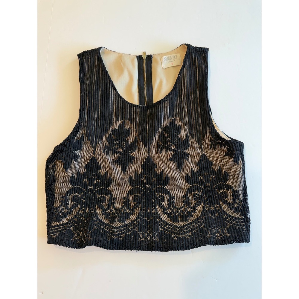 Sienna Sky Womens Black Lace Crop Top Sleeveless Back Zip Tan Lining S